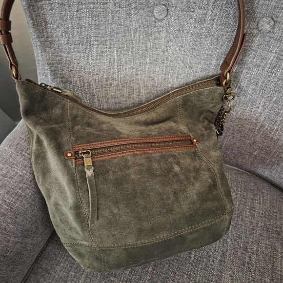 The Sak Handbags - The Sak Olive Green Suede Shoulder Bag with Brown Leather Trim
